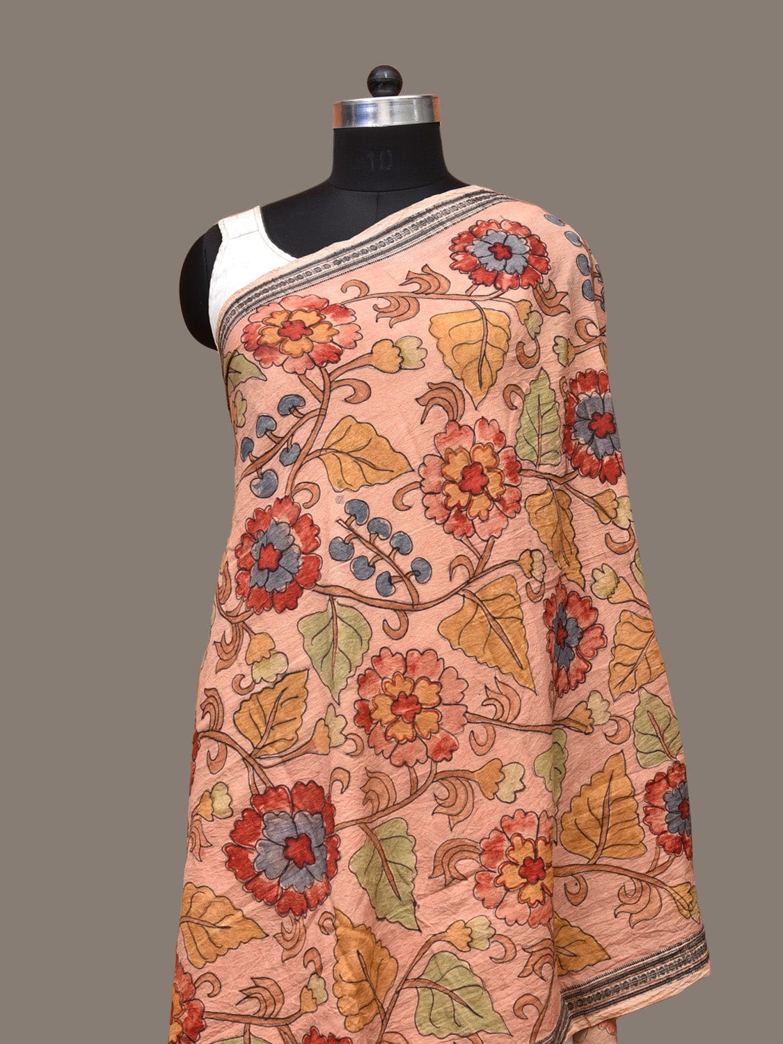 Peach Kalamkari Hand Painted Cotton Handloom Dupatta with Floral Design - Global Threads - Distacart