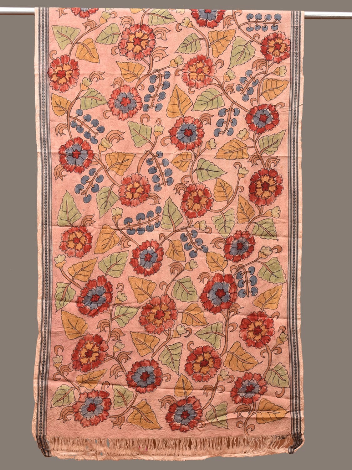Peach Kalamkari Hand Painted Cotton Handloom Dupatta with Floral Design - Global Threads - Distacart