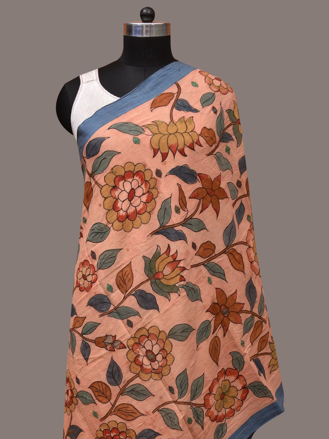 Peach Kalamkari Hand Painted Cotton Handloom Dupatta with Floral Design - Global Threads - Distacart