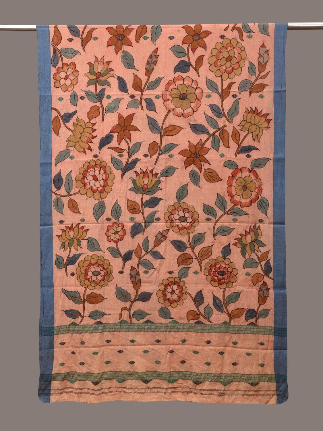 Peach Kalamkari Hand Painted Cotton Handloom Dupatta with Floral Design - Global Threads - Distacart