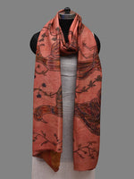 Thumbnail for Peach Kalamkari Hand Painted Kanchipuram Silk Handloom Dupatta with Birds Design - Global Threads - Distacart