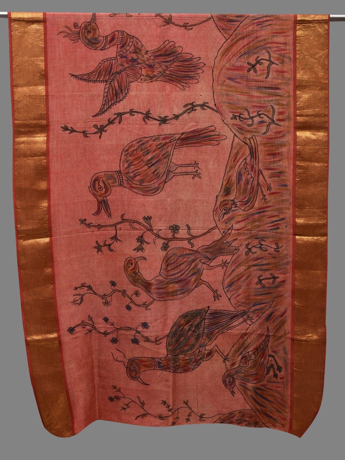 Peach Kalamkari Hand Painted Kanchipuram Silk Handloom Dupatta with Birds Design - Global Threads - Distacart