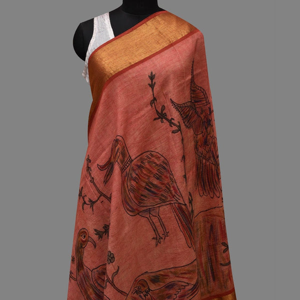 Peach Kalamkari Hand Painted Kanchipuram Silk Handloom Dupatta with Birds Design - Global Threads - Distacart