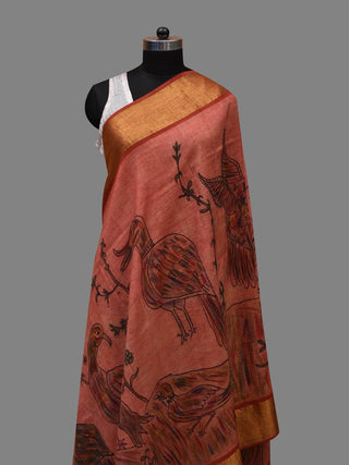 Peach Kalamkari Hand Painted Kanchipuram Silk Handloom Dupatta with Birds Design - Global Threads - Distacart