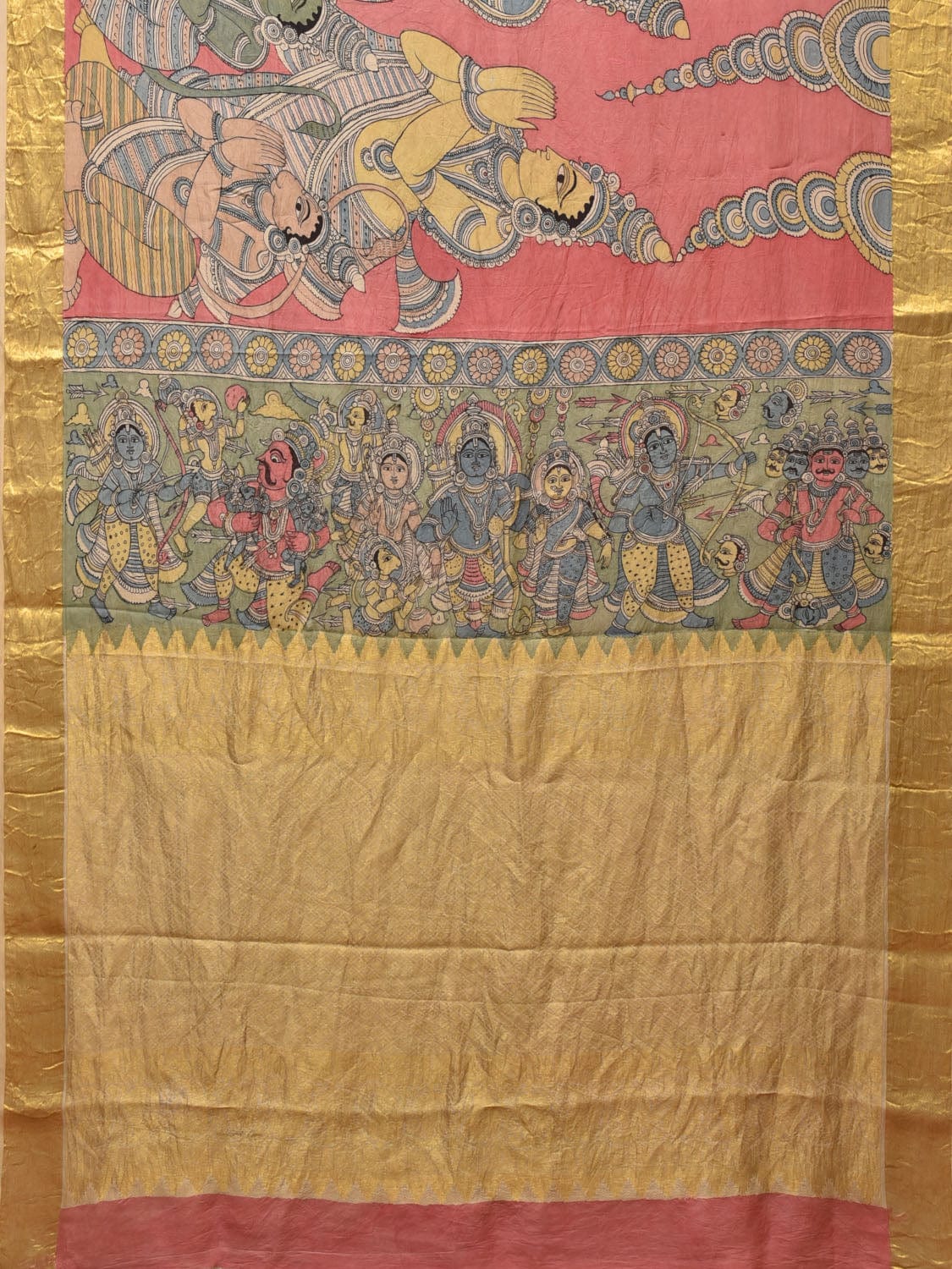 Peach Kalamkari Hand Painted Kanchipuram Silk Handloom Saree with Ramayana Design - Global Threads - Distacart