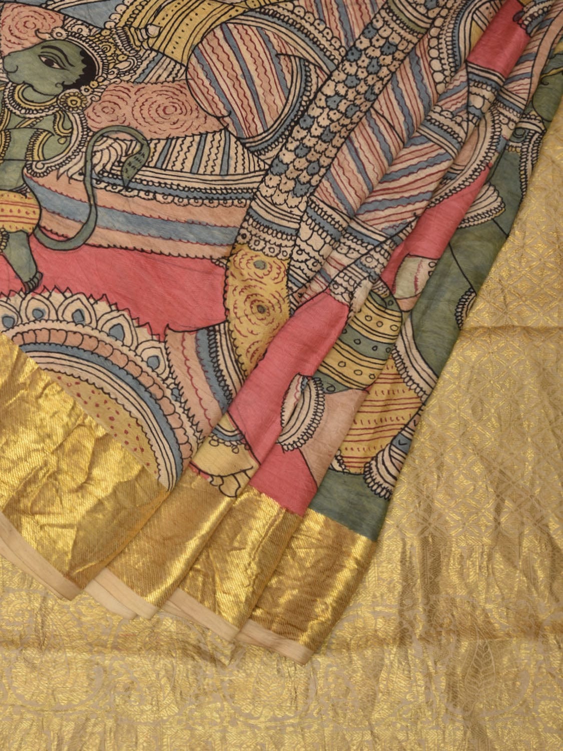 Peach Kalamkari Hand Painted Kanchipuram Silk Handloom Saree with Ramayana Design - Global Threads - Distacart