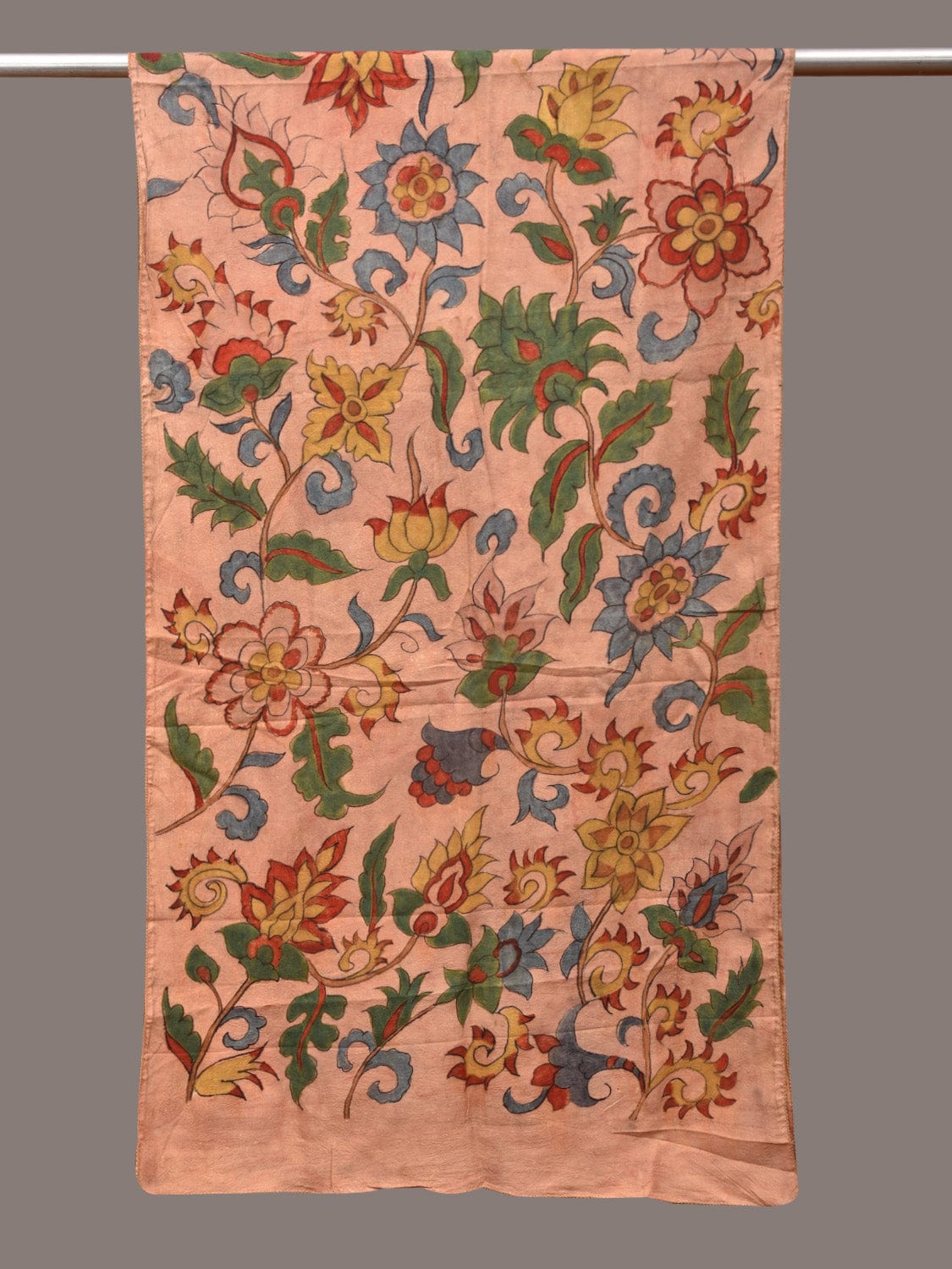 Peach Kalamkari Hand Painted Sico Stole with Floral and Birds Design - Global Threads - Distacart