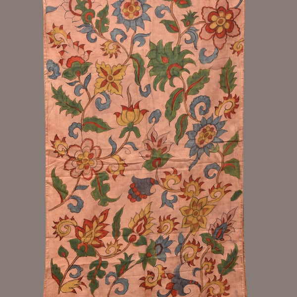Peach Kalamkari Hand Painted Sico Stole with Floral and Birds Design - Global Threads - Distacart