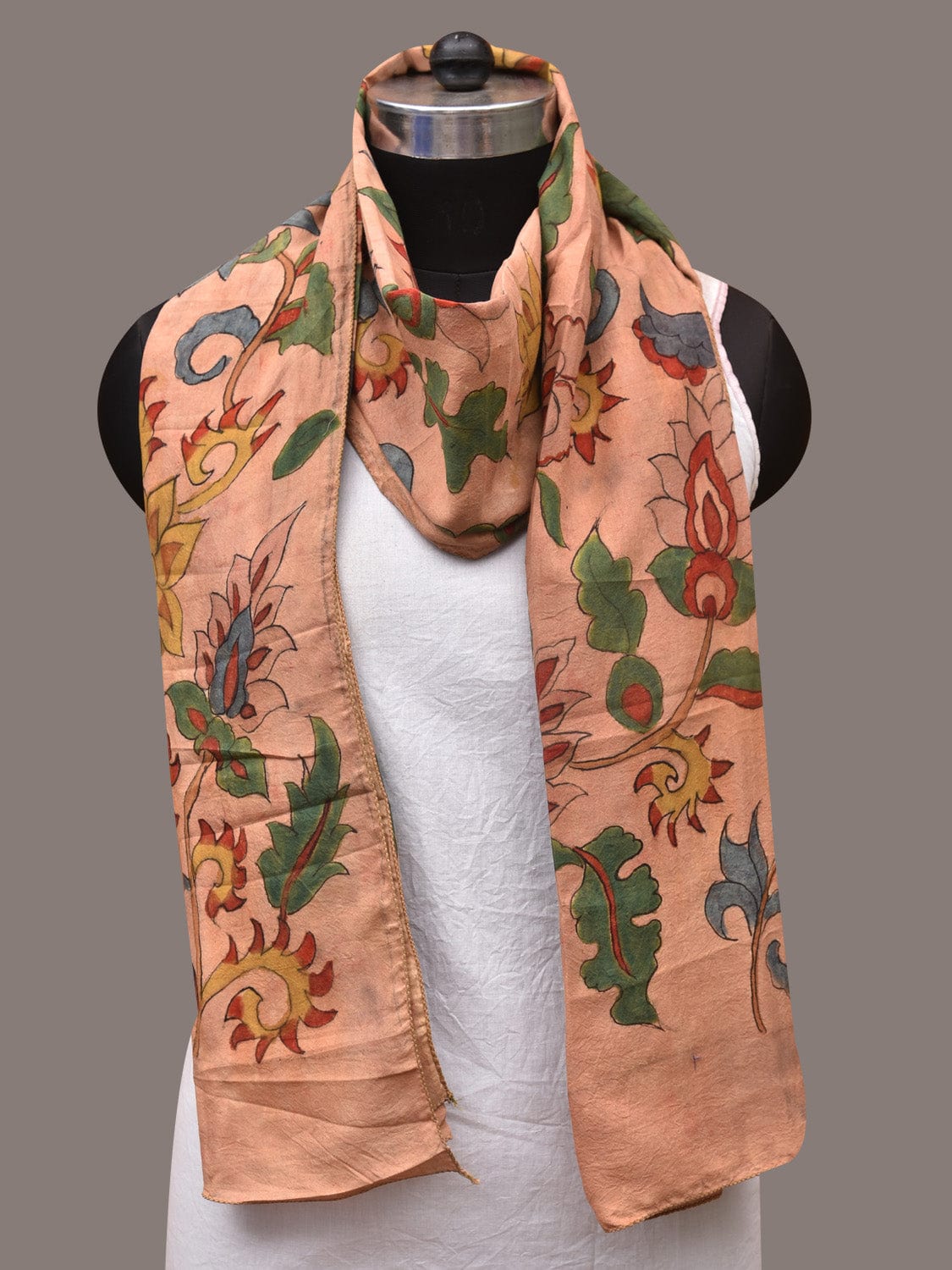 Peach Kalamkari Hand Painted Sico Stole with Floral and Birds Design - Global Threads - Distacart