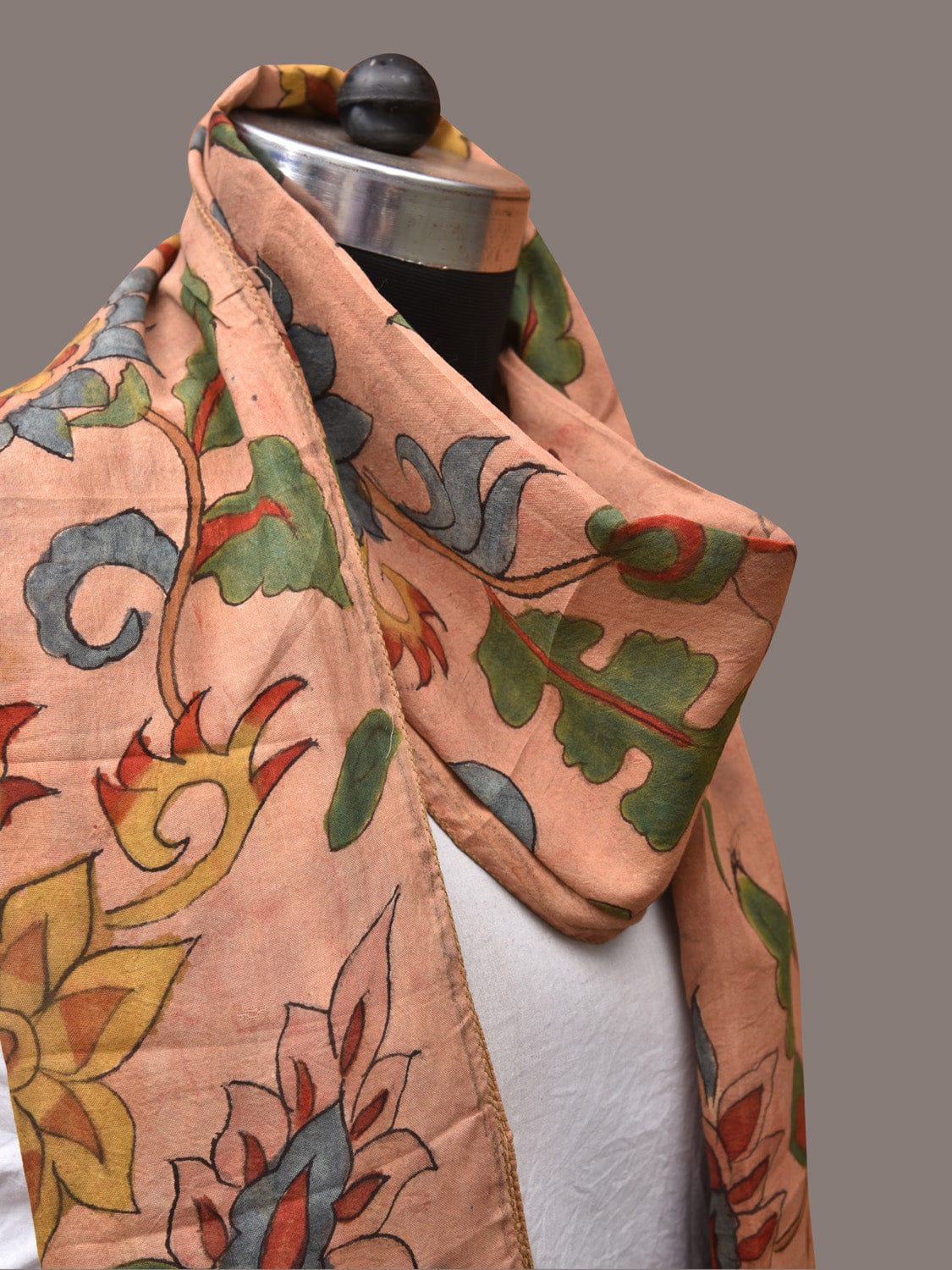 Peach Kalamkari Hand Painted Sico Stole with Floral and Birds Design - Global Threads - Distacart