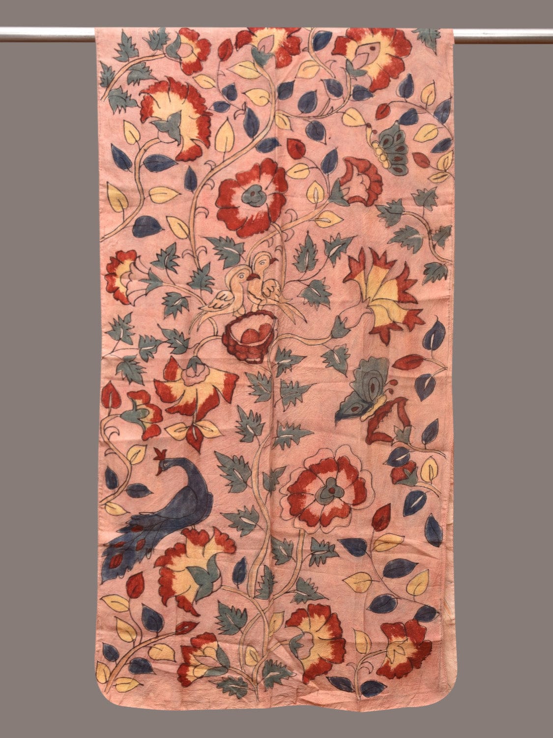 Peach Kalamkari Hand Painted Sico Stole with Floral and Birds Design - Global Threads - Distacart