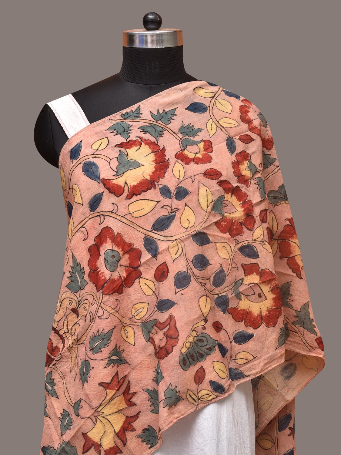 Peach Kalamkari Hand Painted Sico Stole with Floral and Birds Design - Global Threads - Distacart