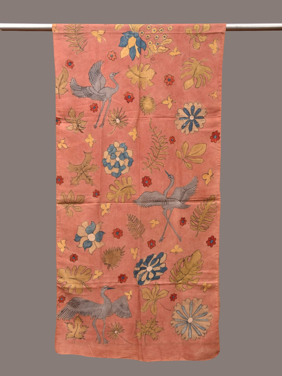 Peach Kalamkari Hand Painted Sico Stole with Floral and Birds Design - Global Threads - Distacart