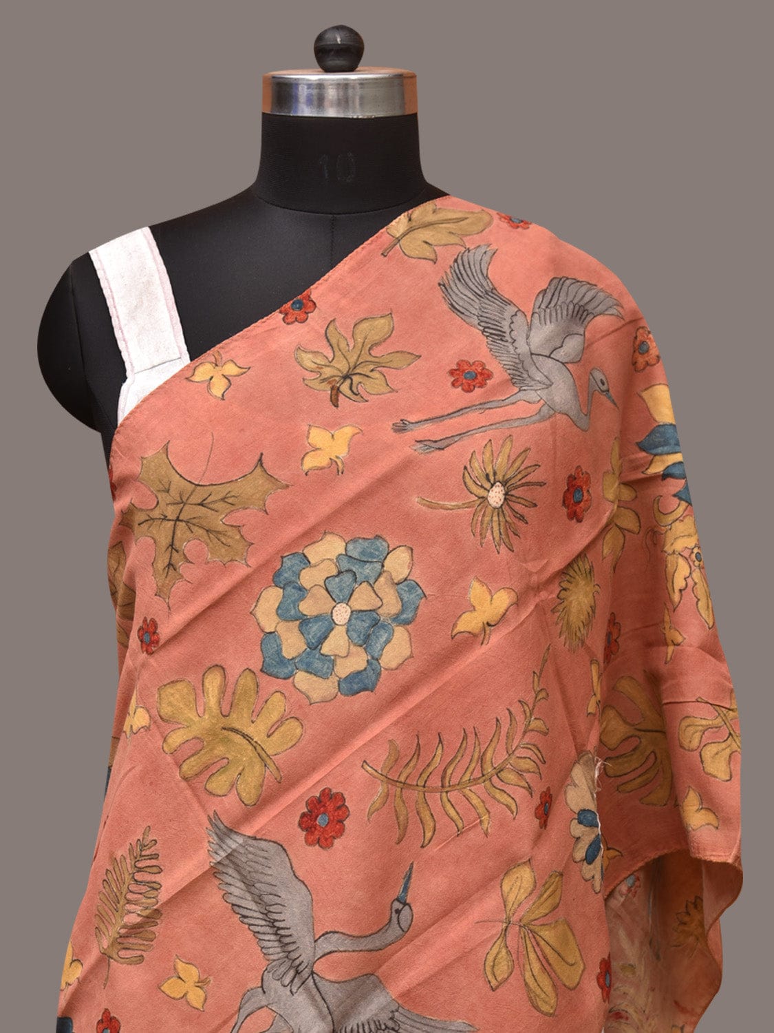Peach Kalamkari Hand Painted Sico Stole with Floral and Birds Design - Global Threads - Distacart