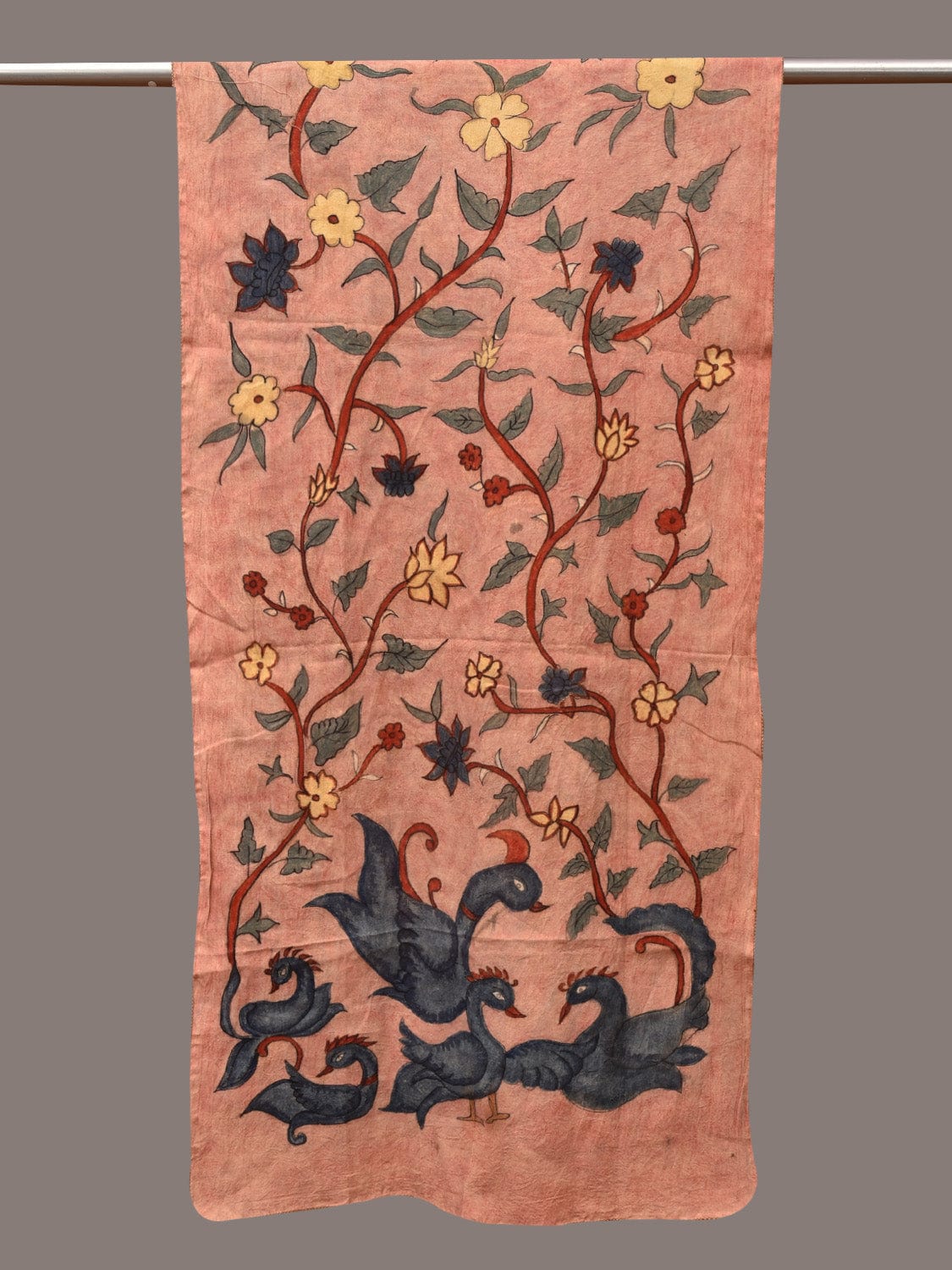 Peach Kalamkari Hand Painted Sico Stole with Floral and Birds Design - Global Threads - Distacart