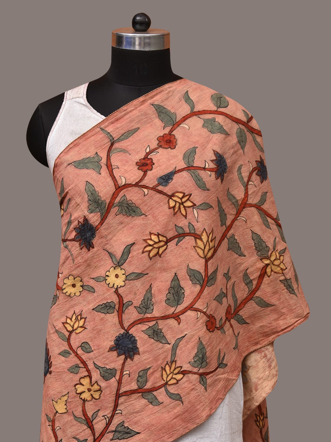 Peach Kalamkari Hand Painted Sico Stole with Floral and Birds Design - Global Threads - Distacart
