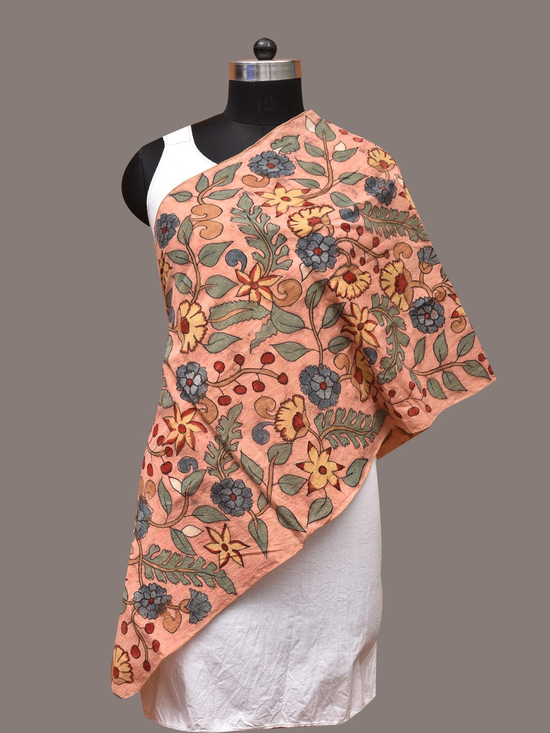 Peach Kalamkari Hand Painted Sico Stole with Floral Design - Global Threads - Distacart