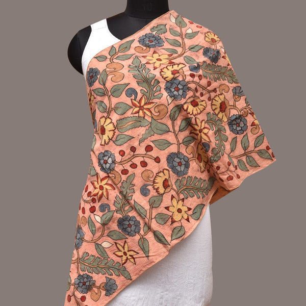 Peach Kalamkari Hand Painted Sico Stole with Floral Design - Global Threads - Distacart