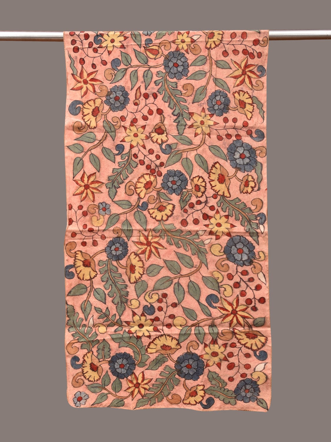 Peach Kalamkari Hand Painted Sico Stole with Floral Design - Global Threads - Distacart