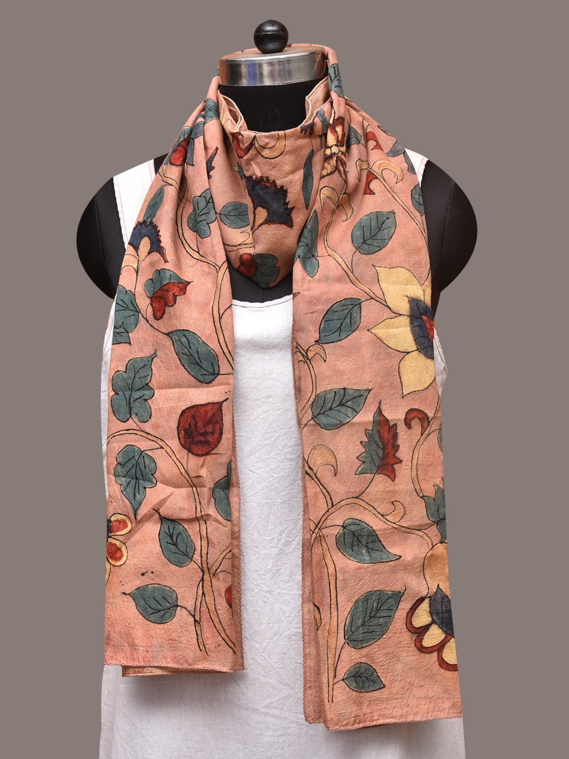 Peach Kalamkari Hand Painted Sico Stole with Floral Design - Global Threads - Distacart
