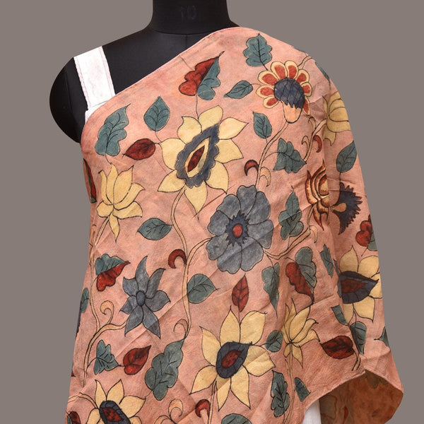 Peach Kalamkari Hand Painted Sico Stole with Floral Design - Global Threads - Distacart