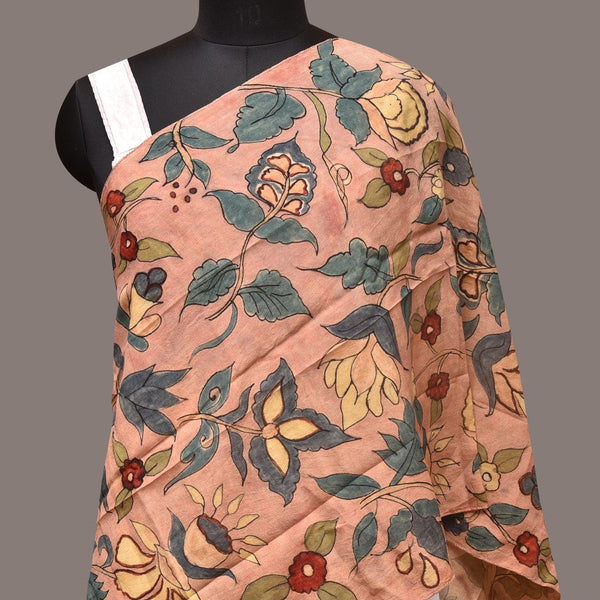Peach Kalamkari Hand Painted Sico Stole with Floral Design - Global Threads - Distacart