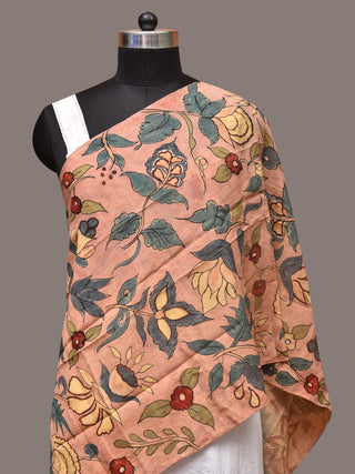 Peach Kalamkari Hand Painted Sico Stole with Floral Design - Global Threads - Distacart