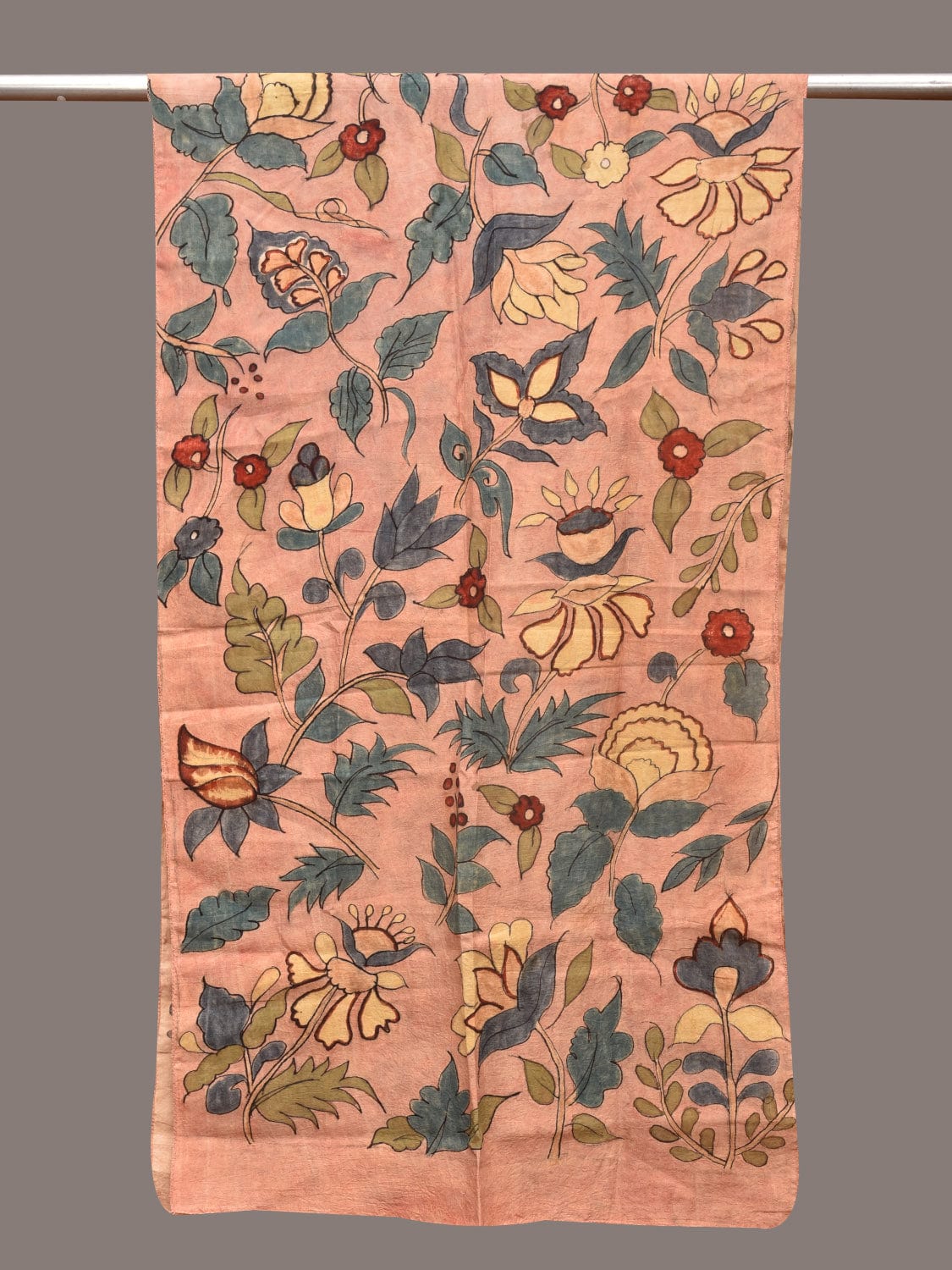 Peach Kalamkari Hand Painted Sico Stole with Floral Design - Global Threads - Distacart