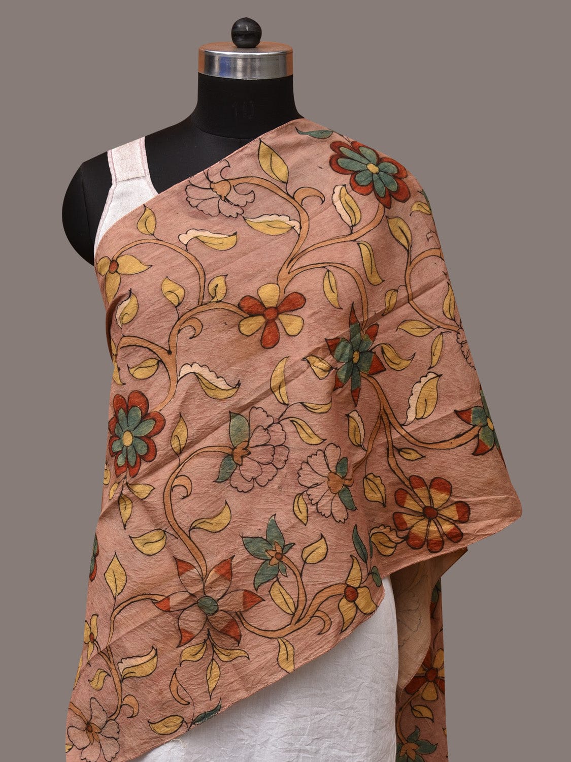 Peach Kalamkari Hand Painted Sico Stole with Floral Design - Global Threads - Distacart