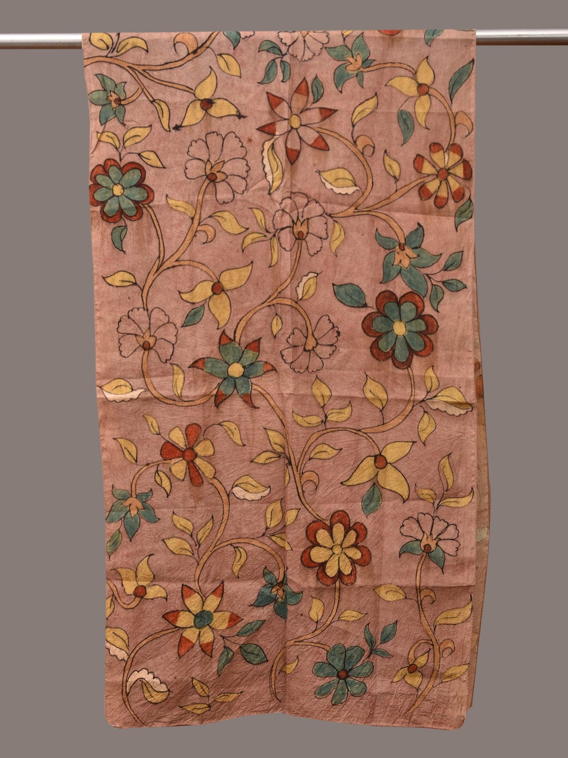 Peach Kalamkari Hand Painted Sico Stole with Floral Design - Global Threads - Distacart