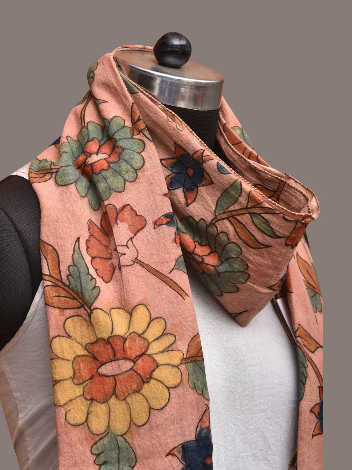 Peach Kalamkari Hand Painted Sico Stole with Floral Design - Global Threads - Distacart