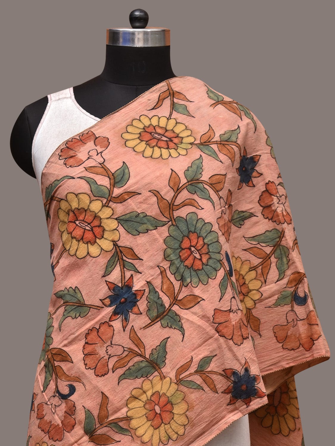 Peach Kalamkari Hand Painted Sico Stole with Floral Design - Global Threads - Distacart