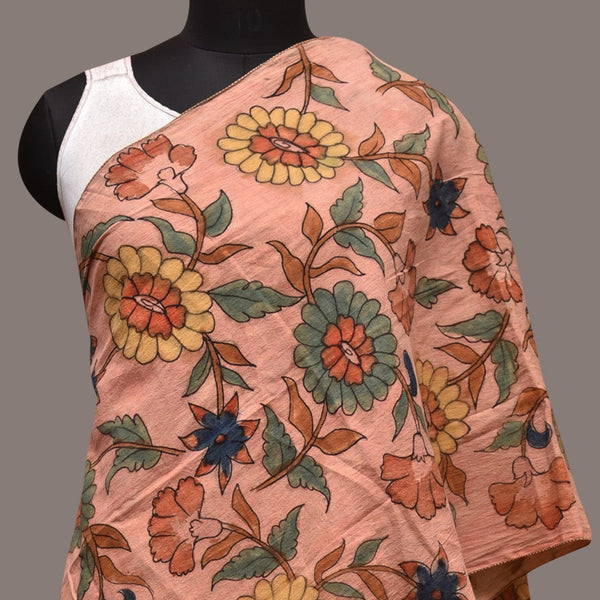 Peach Kalamkari Hand Painted Sico Stole with Floral Design - Global Threads - Distacart