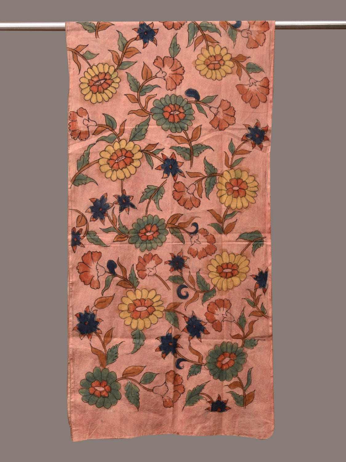 Peach Kalamkari Hand Painted Sico Stole with Floral Design - Global Threads - Distacart