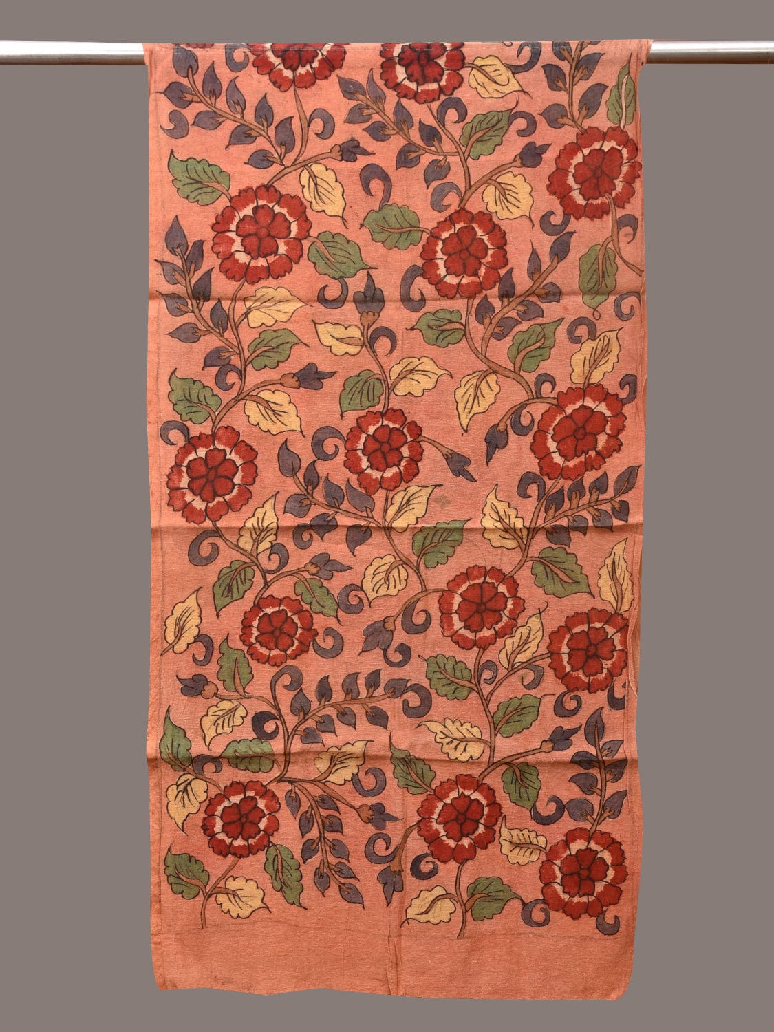 Peach Kalamkari Hand Painted Sico Stole with Flowers Design - Global Threads - Distacart