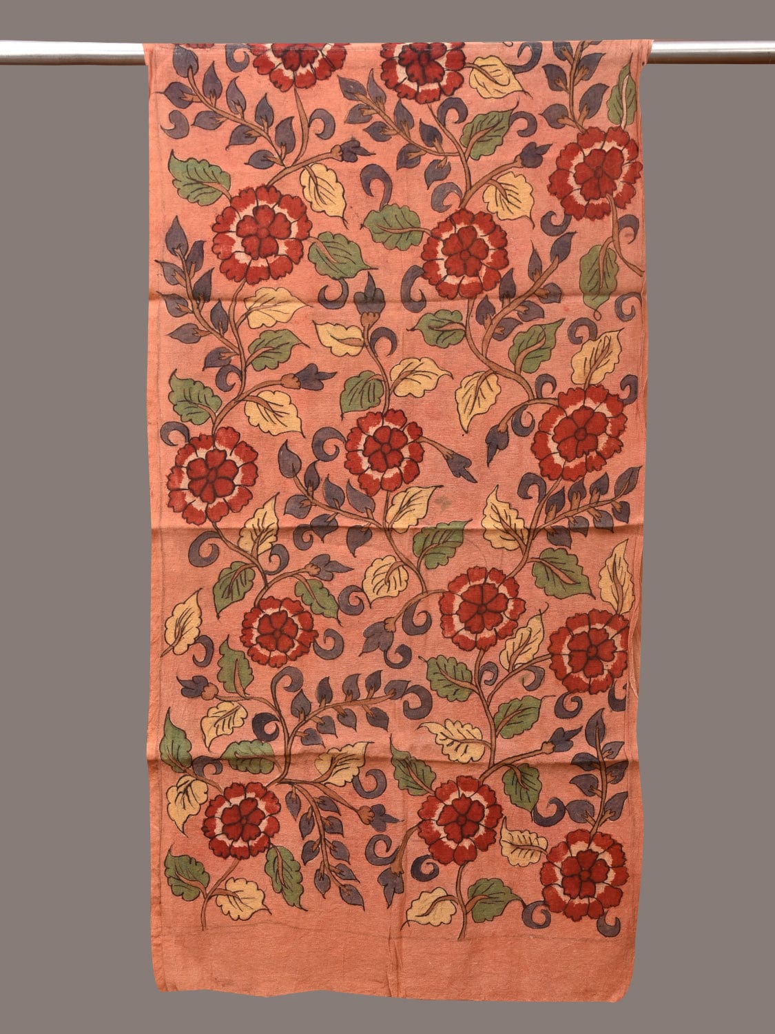 Peach Kalamkari Hand Painted Sico Stole with Flowers Design - Global Threads - Distacart