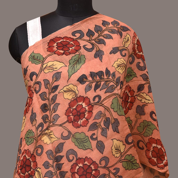 Peach Kalamkari Hand Painted Sico Stole with Flowers Design - Global Threads - Distacart