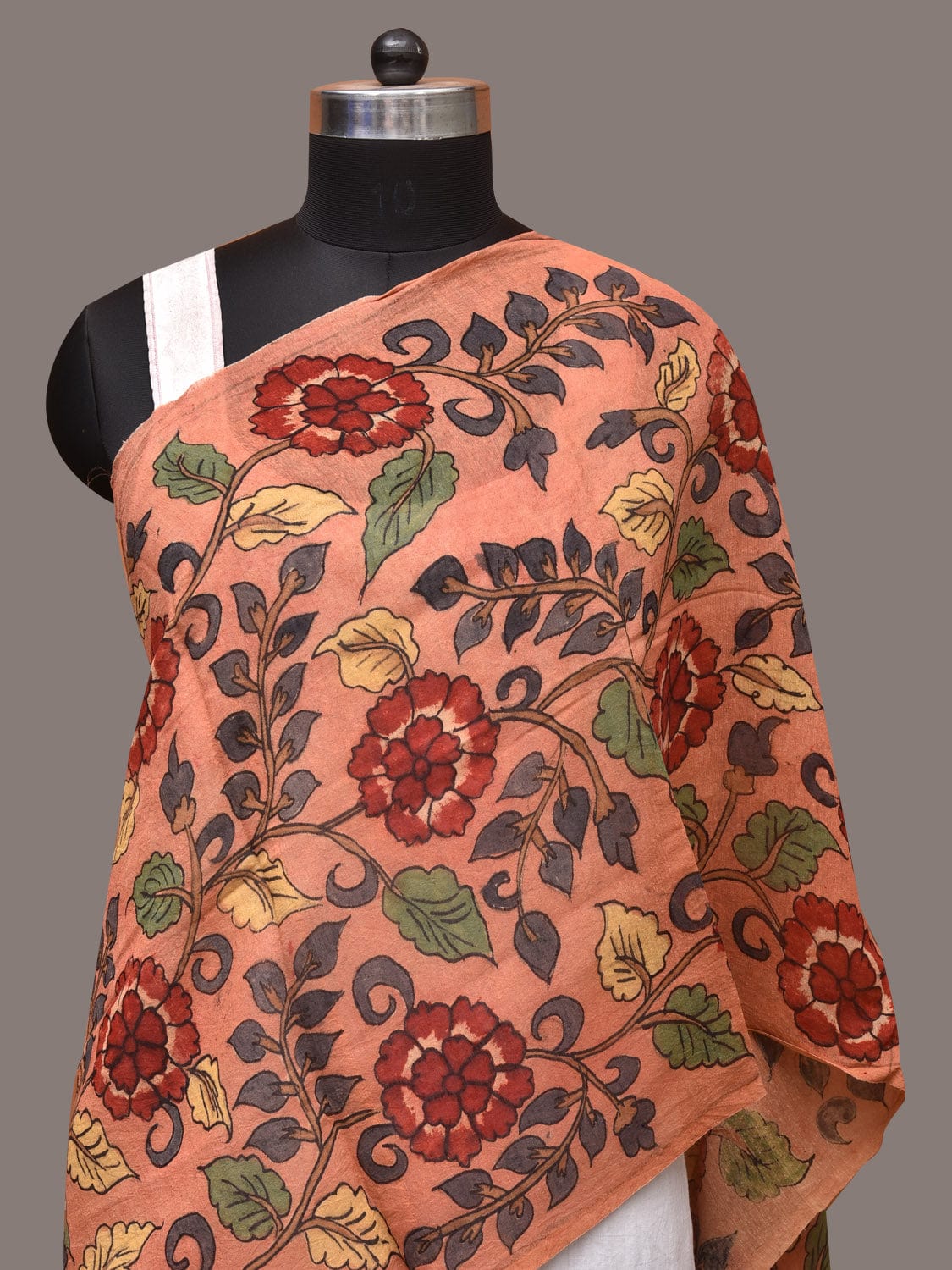 Peach Kalamkari Hand Painted Sico Stole with Flowers Design - Global Threads - Distacart