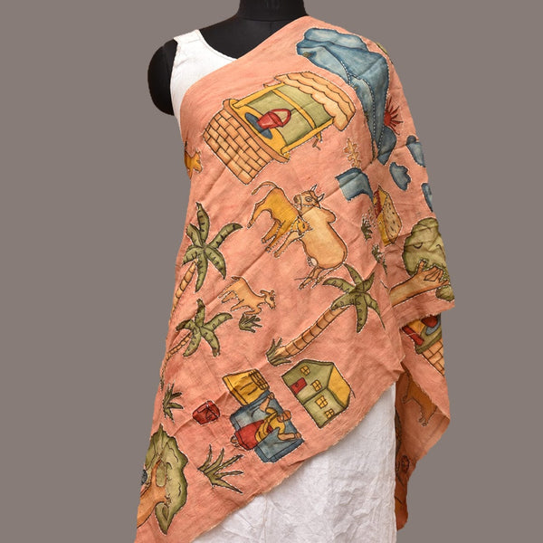 Peach Kalamkari Hand Painted Sico Stole with Village Theme Design - Global Threads - Distacart