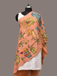 Thumbnail for Peach Kalamkari Hand Painted Sico Stole with Village Theme Design - Global Threads - Distacart
