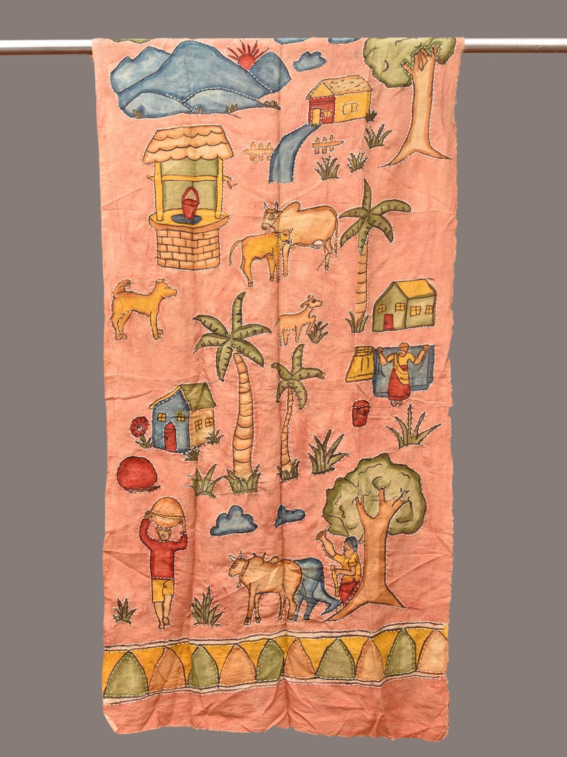 Peach Kalamkari Hand Painted Sico Stole with Village Theme Design - Global Threads - Distacart