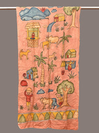 Thumbnail for Peach Kalamkari Hand Painted Sico Stole with Village Theme Design - Global Threads - Distacart