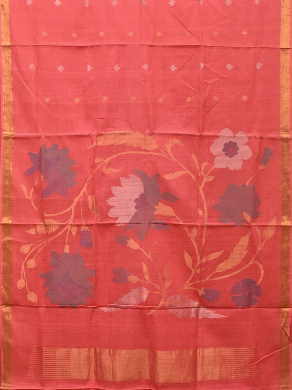 Peach Khadi Cotton Handloom Saree with Big Floral Pallu Design - Global Threads - Distacart