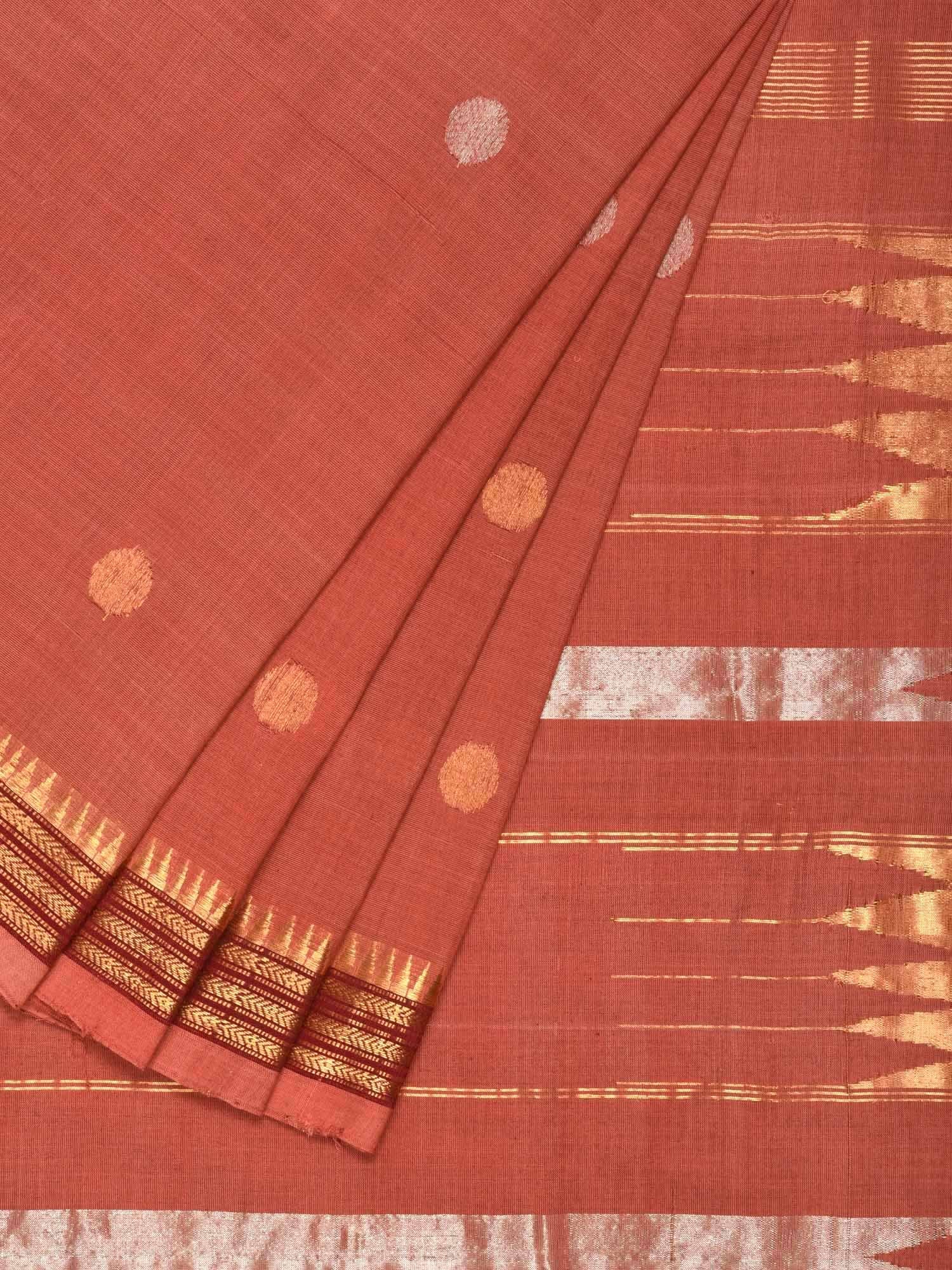 Peach Khadi Cotton Handloom Saree with Buta and Dobi Border Design - Global Threads - Distacart