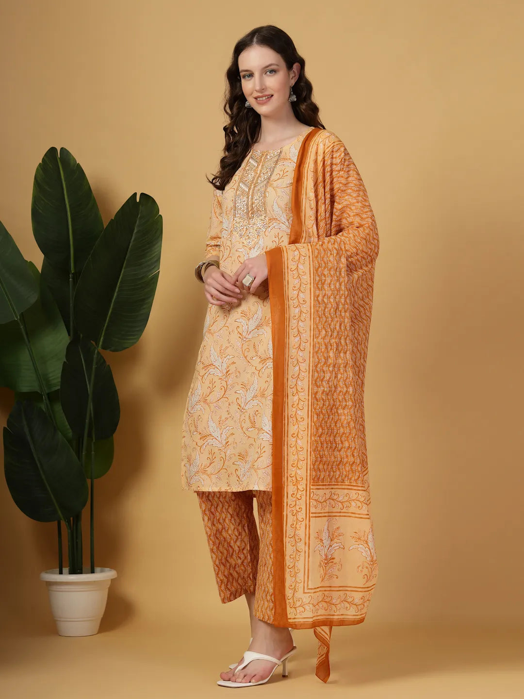 Yufta Peach Pure Cotton Kurta Dupatta Pant Set - Distacart