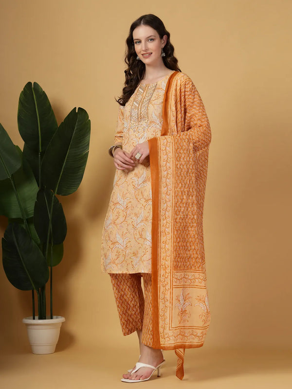 Yufta Peach Pure Cotton Kurta Dupatta Pant Set