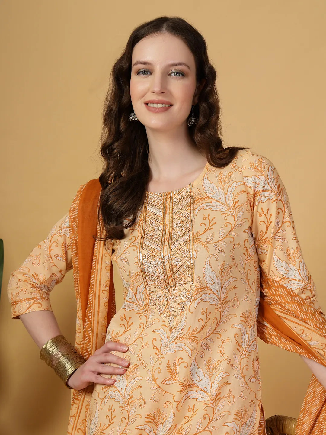 Yufta Peach Pure Cotton Kurta Dupatta Pant Set