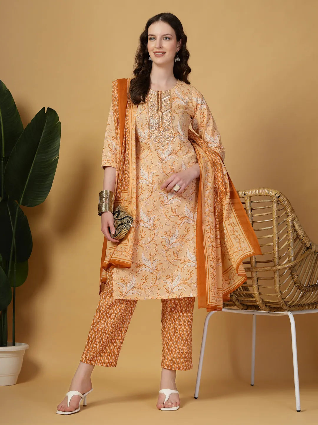 Yufta Peach Pure Cotton Kurta Dupatta Pant Set