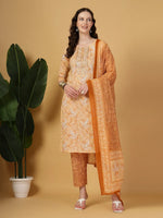 Thumbnail for Yufta Peach Pure Cotton Kurta Dupatta Pant Set