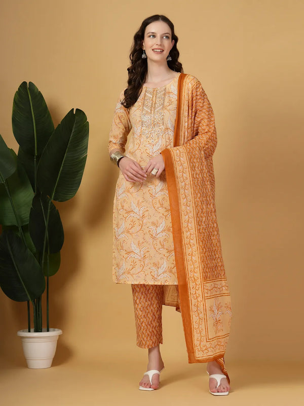 Yufta Peach Pure Cotton Kurta Dupatta Pant Set